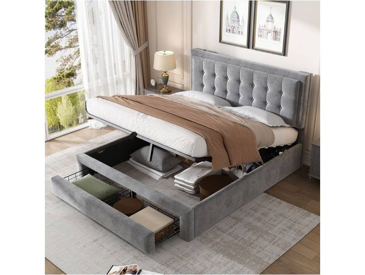 Lit double SENVIRO 140 x 190 cm velours gris