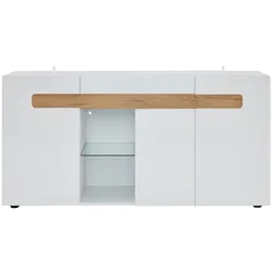 OKWISH Sideboard aus Spanplatte in Weiß/Natur, 140x40x70 cm, 3 Türen, Hochglanzfronten, LED mit App-Steuerung