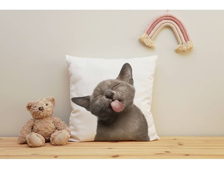 Dekokissen QUEENCE Katzenzunge , weiß (weiß, bedruckt), B:40cm H:1cm L:40cm, Polyester, Dekokissen_Sitzkissen_Kissenhüllen, Dekokissen, Kissenhülle mit HD Premium Druck, geruchsneutral, 40x40cm