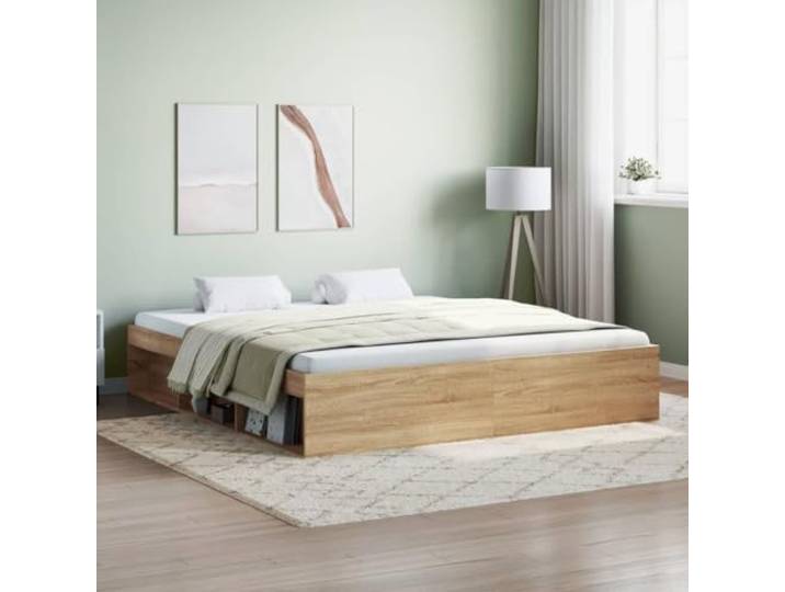 DJEKA Bett 180x200 mit lattenrost Holz Bettgestell 180x200 Holz Holzbett 180x200 Doppelbett mit 6 Fächer-Sonoma Eiche-180 x 200 cm