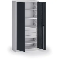 Werkstattschrank, 4 Regalböden + 4 Schubladen, 1950 × 950 × 500 mm, graphitfarbene Türen