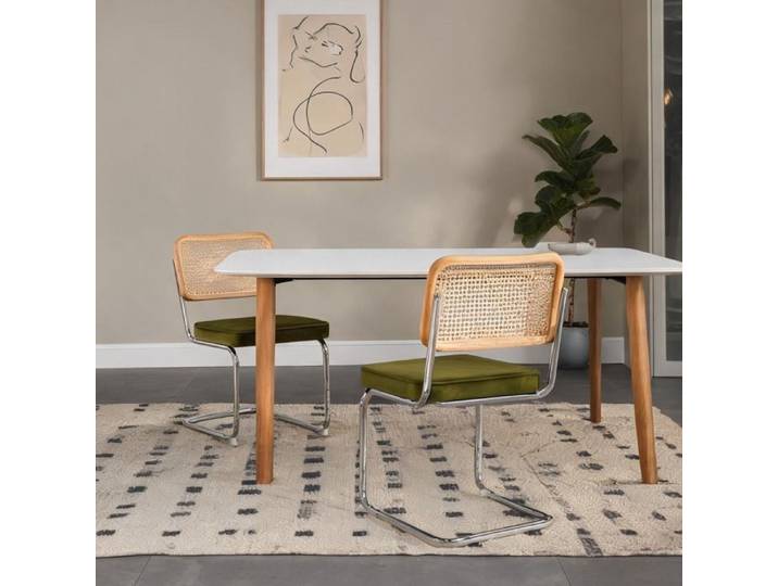 Chaise salle à manger classique green cannage rotin et velours structure chrome lot de 2 style mid-century moderne