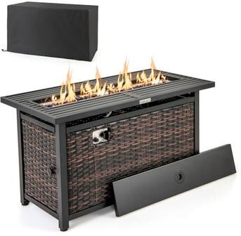 Costway 45 Inch Propane Rattan Firepit Table with Glass Stones and Protective Cover-Mixed Brown