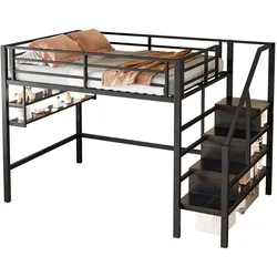 OKWISH Hochbett 140x200 mit Stauraumleiter, Regalen, Ablagefächern, robustes Metall-MDF-Bett, platzsparend, Schwarz