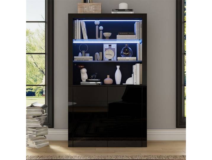 DRIPEX Vitrine avec éclairage LED Vitrine brillante avec deux portes et 2 étagères en verre trempé 100x35x170cm Noir