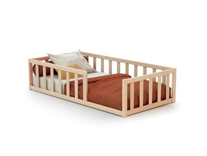 Webaby - Bodenbett Kinderbett Holz Buche Natur 70 x 140 Lattenrost inklusive, Mit Barrieren, Montessori Kinderbett, Autonomie