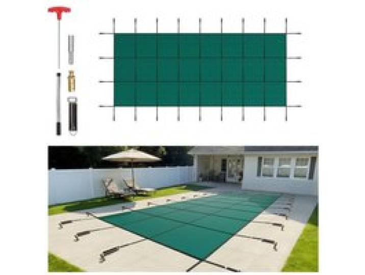 VEVOR Couverture de Sécurité pour Piscine Enterrée 4,9 x 12,2 m, Bâche de Piscine en Hiver Rectangulaire, Matériau en Polypropylène, avec Trous de Drainage, Conception Maille Serrée, Vert