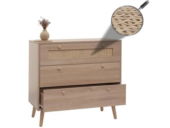 Mendler Schubladenkommode HWC-M39 78x80x39cm Eiche-Optik Rattan
