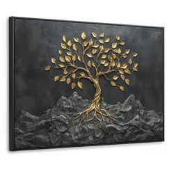 LEINWAND Bilder mit Rahmen - Blätter - Gold - Baum - Fels - 100x70