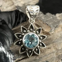 Drachensilber Blauer Topas Anhänger Sonne mit Edelstein Silber Schmuck 925 Silber - Silber;Blau