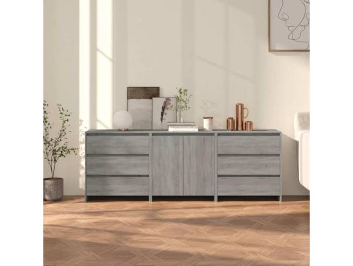 HEFZGDB Leicht zu reinigendes Sideboard Möbelstück, modernes Sideboards Set mit Stauraum, praktisches Sideboard mit Fester Oberplatte, dekoratives 3-TLG. Grau Sonoma Holzwerkstoff, weißes