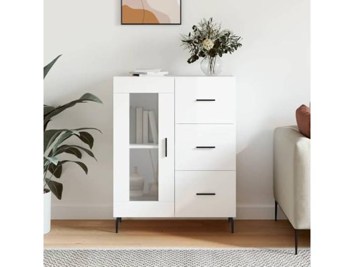 Molumvel Sideboard Hochglanz-Weiß Kommode Schrank Holzwerkstoff 3 Schubladen, 2 Fächer, Mit Glastür, Robuste Metallfüße