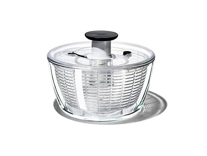 OXO Good Grips Salatschleuder aus Glas Einhand-Pumpe, integrierte Bremse, Korb auch als Sieb verwendbar