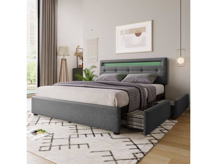Lit Double Rembourré - DRIPEX - 140x200cm - Avec éclairage LED et 4 tiroirs - Gris