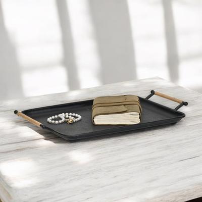 Cheungs Syla Black Metal Tray with Wicker Wrapped Handles