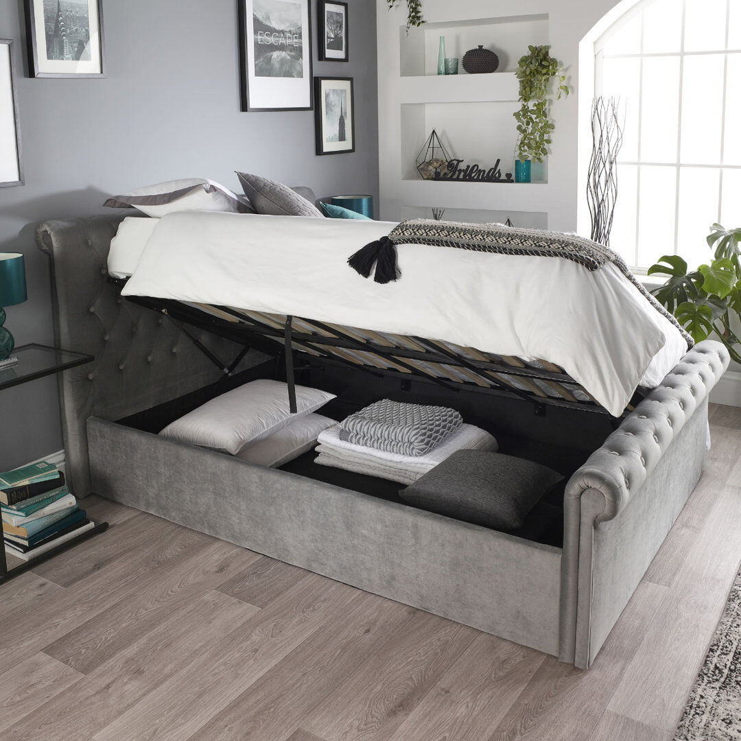 Mercer41 Javin Upholstered Velvet Lift Up Storage Bed Gray Small Double (4')