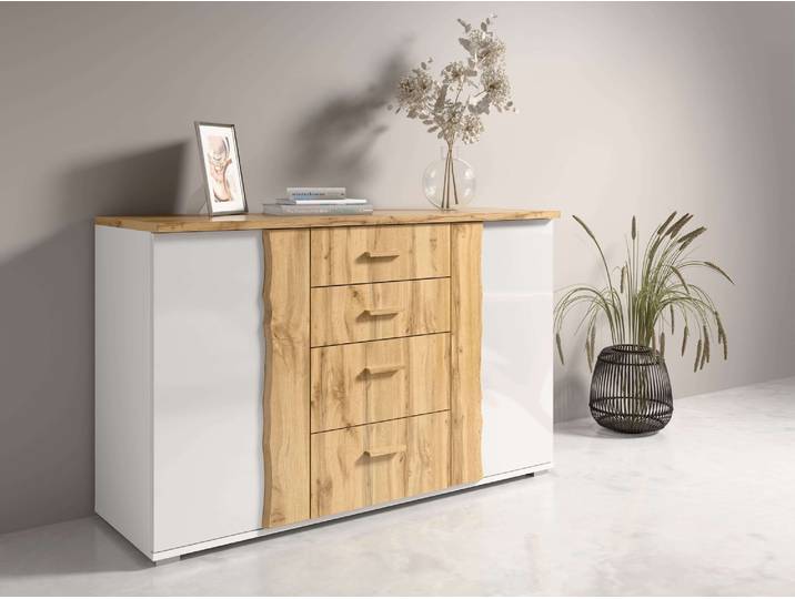 Kommode GOODPRODUCT Kommode Fabellaa mit 4 Schubladen, 2 Einlegeböden, BxHxT 130x82x45 cm , weiss (weiß, natur), B:130cm H:82cm T:45cm, Melamin, Sideboards, Kommode, mit viel Stauraum, 2 Drehtüren