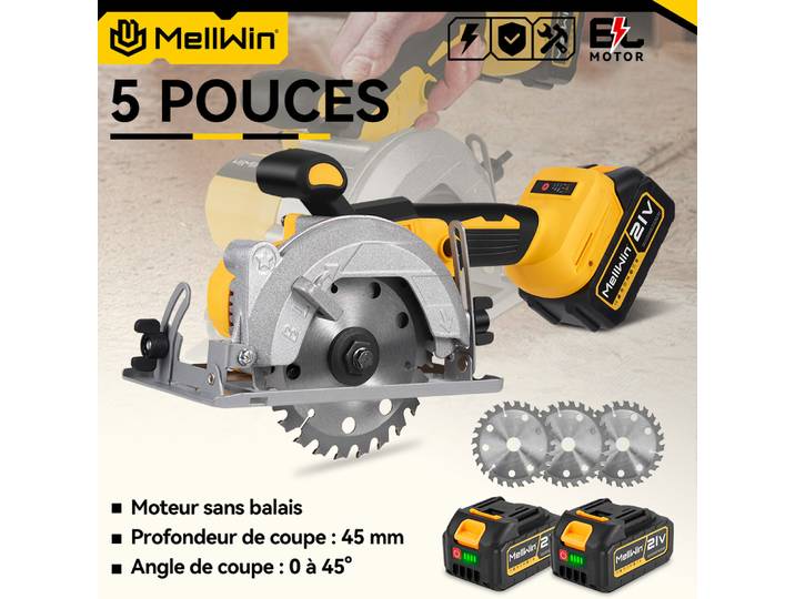 MELLWIN 5 pouces scie circulaire électrique sans brosse 125MM scie multi-angle sans fil outil électrique pour le travail du bois pour Makita 18V batterie broche
