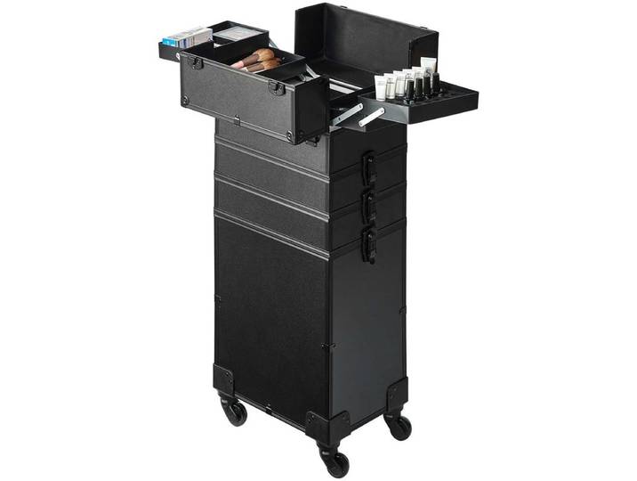 Valise de Maquillage à Roulettes 5-en-1 en Aluminium, Trousse de Rangement Professionnelle pour Voyage avec Roues Pivotantes à 360° ° Tige de traction réglable pour maquillage, noir