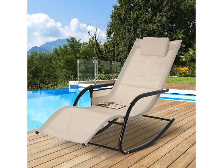 Outsunny Chaise à Bascule Transat de Jardin Fauteuil à Bascule Métal Maille Beige 150 x 62 x 88 cm