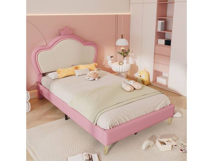 Lit rembourré enfant simple 90x200cm rose et blanc tête de lit couronne bordures protectrices pieds métal PU rembourré