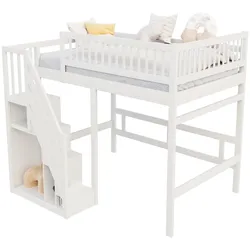 OKWISH Massivholzbett 140x200 mit integrierter Stauraumtreppe hohes Geländer platzsparendes Design stabil Kiefernholz langlebig weiß