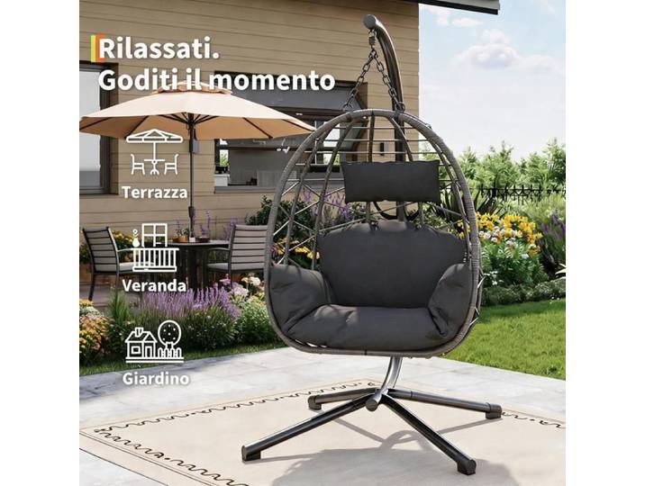 Fauteuil œuf suspendu - balancelle pliante avec coussin et support repos - métal corde - 108x100x192cm - Gris