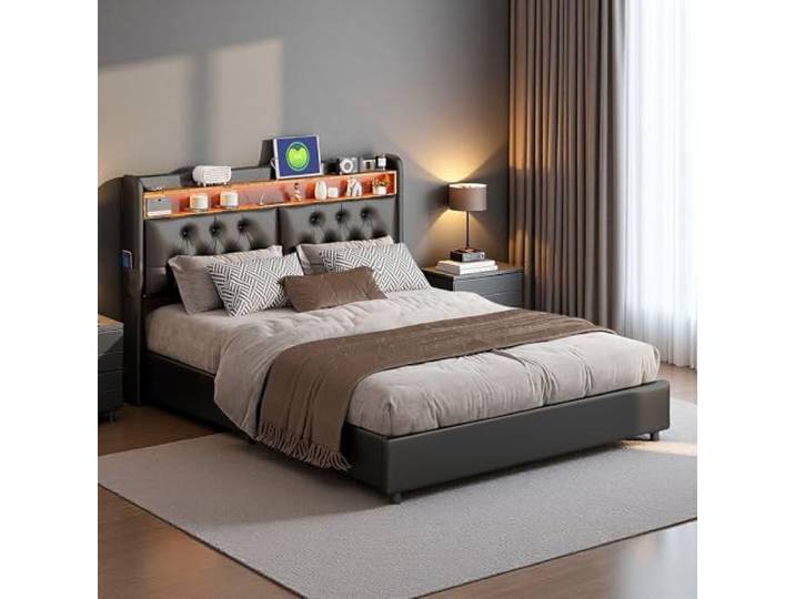 Hydraulisches Bett, 180 x 200 cm, mit LED-Beleuchtung und USB-Anschluss, gepolstertes Doppelbett mit Lattenrost und Stauraum, gepolstertes Kopfteil mit Aufbewahrung, PU (180 x 200 cm)