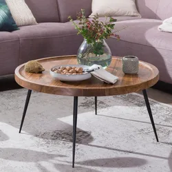 FineBuy Couchtisch Sheesham Massivholz rund Ø 75 cm Wohnzimmertisch Metall Retro