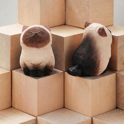 Inspired Finds Handcrafted Wooden Cat Figurine Decor Cute Kitten Statue For Desk, Car, And Home Accent siamese