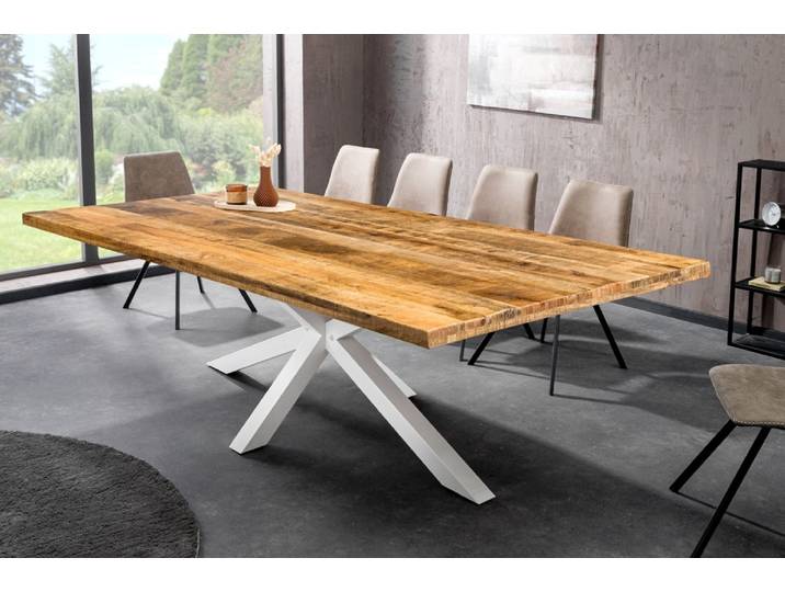 Massiver Esstisch IRON CRAFT 200cm natur Mangoholz mit Sterngestell in weiß rechteckig Esszimmertisch
