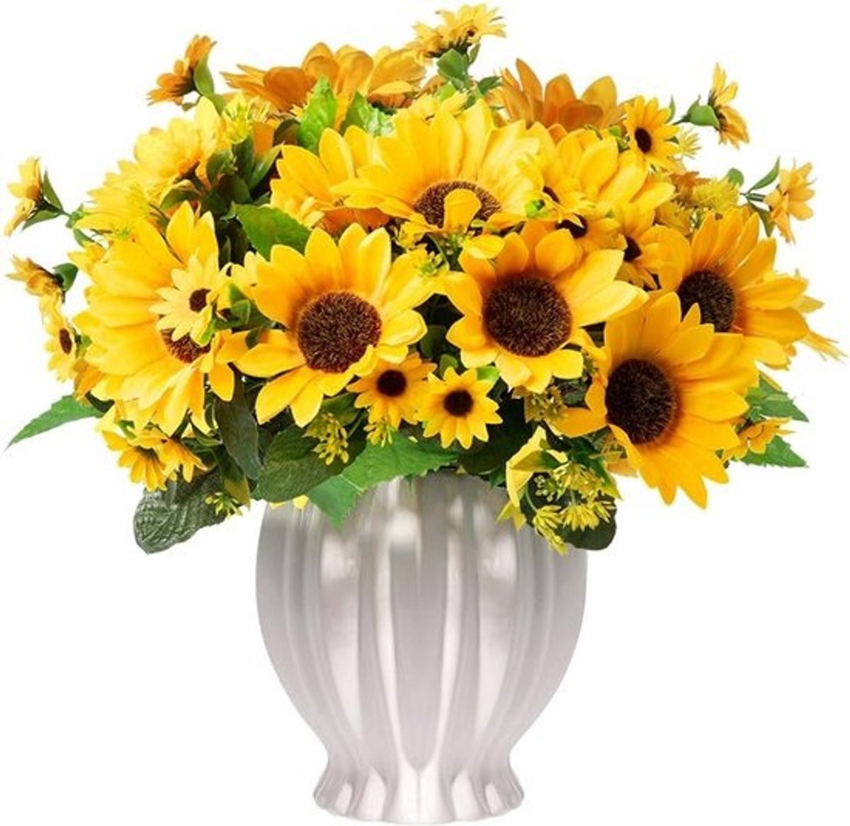 Zonnebloemen in Gestreepte Keramische Vaas - Zijden Kunstbloem Boeket voor Woondecoratie