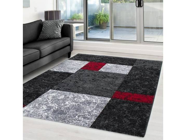 Tapis de salon - CARPETTEX - Moderne - Carreaux - Rouge - Poil court - Découpe de contours - 200 x 290 cm