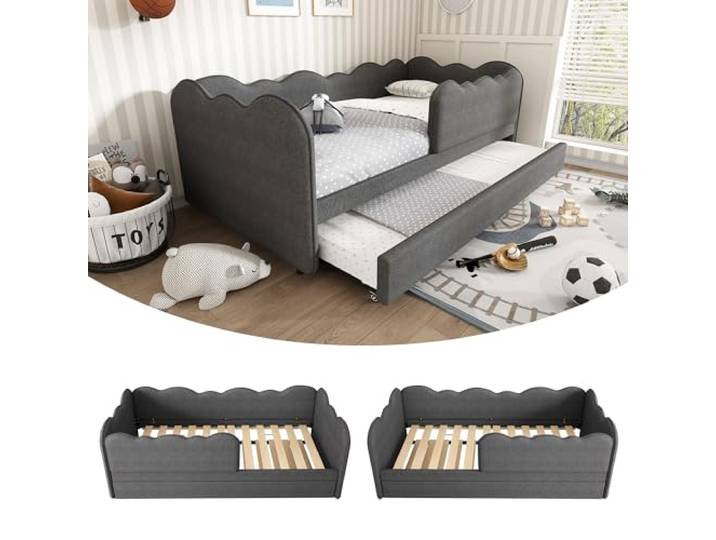 Elaimoros Polsterbett Daybett 90x190cm,Tagesbett Schlafsofa mit Ausziehbett 90x190cm, Kinderbett mit Lattenrost, Leinen,Grau, ohne Matratze