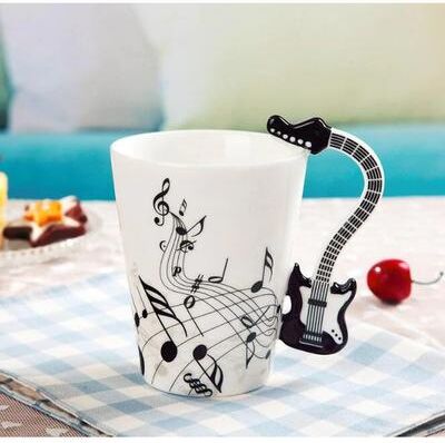 KitchenCuration Novelty Guitar Ceramic Mug Perfect Gift For Musicians   Ceramic Guitar Cup With Musical Notes Black & White Bass