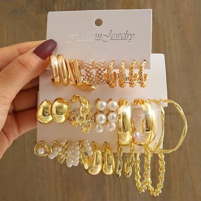 Vintage Gold Geometry Pearl Earring Set a