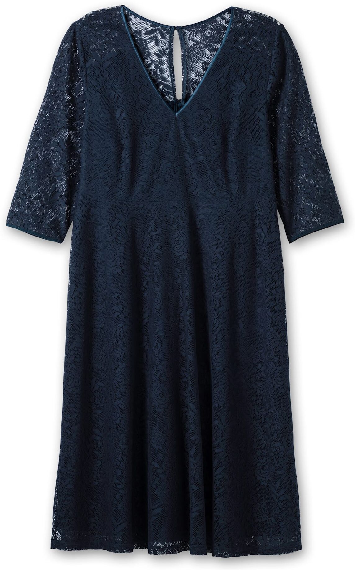 Cocktailkleid SHEEGO "Cocktailkleid", Damen, Gr. 46, Normalgrössen, blau (nachtblau), 100% Polyamid, unifarben, wadenlang, V-Ausschnitt, Kleider Cocktailkleid nachtblau 46, Normalgrössen
