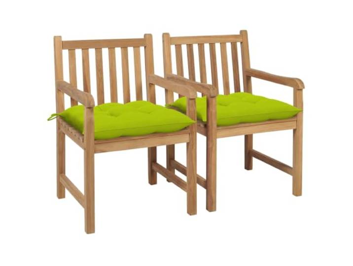 KUTYWEXFM 2er Set Gartenstühle mit Polster Teakholz Armlehnen Bequeme Sitzgruppe für Terrasse und Balkon mit dicken hellgrünen Auflagen sowie ergonomisch geformten Armstützen.