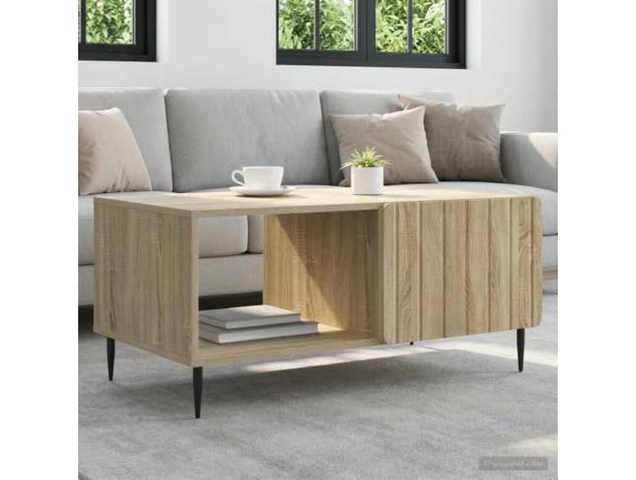 Couchtisch Sonoma-Eiche 90 x 50 x 40 cm Holzwerkstoff mit Metallbeinen Rechteckig, Stauraum unter Platte, schwarze Metallbeine, pflegeleichte Oberfläche, moderne Optik