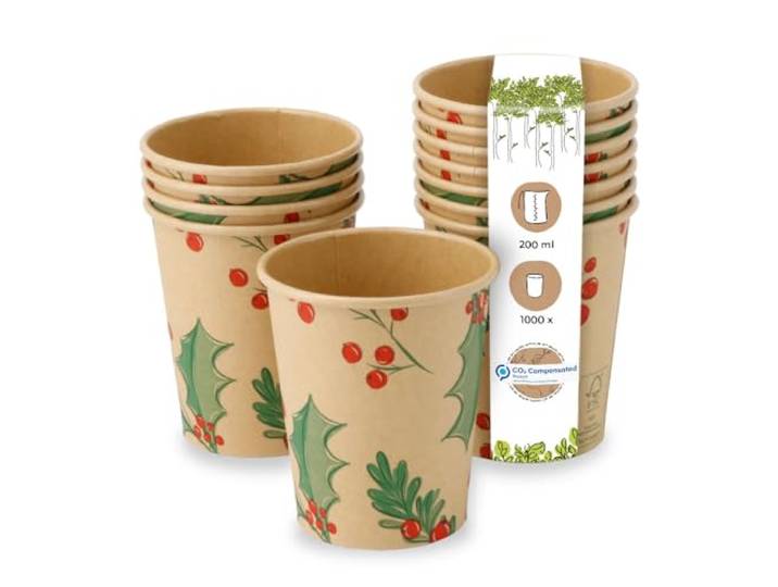 BIOZOYG 1000 Stück braune Kaffeebecher Pappbecher Wintermotiv 'Zweige' 200ml / 8 oz - umweltfreundlich recycelbar & ungebleicht - Kaffeebecher to go