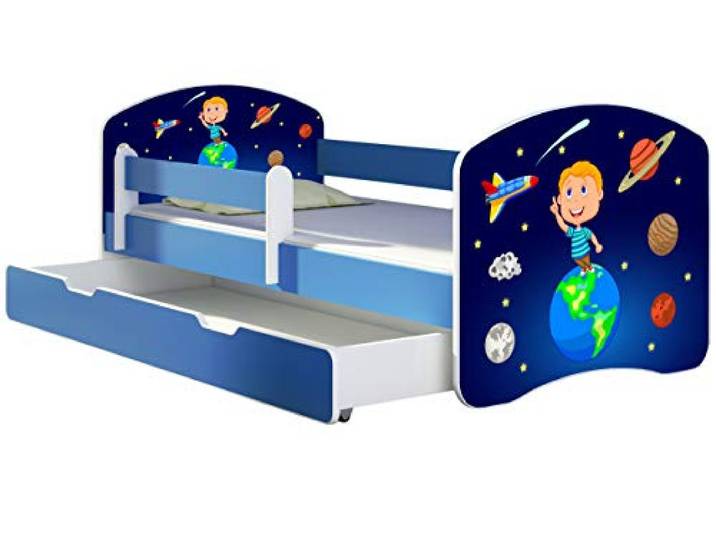 ACMA Kinderbett Jugendbett mit Einer Schublade und Matratze Blau mit Rausfallschutz Lattenrost II 140x70 160x80 180x80 (22 Kosmos, 160x80 + Bettkasten)