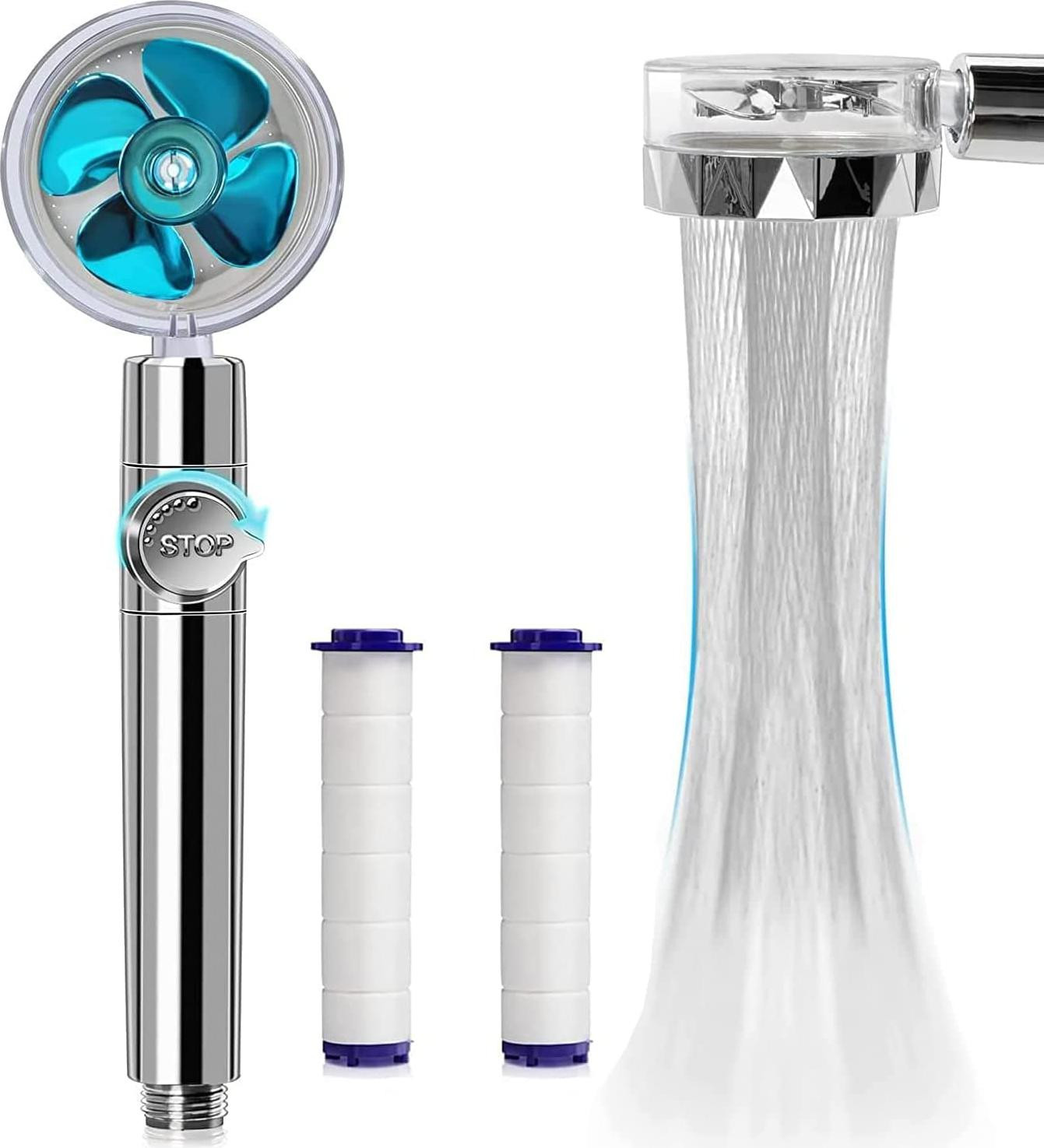 Blauwe waterbesparende handdouche met hogedruk en 360 graden rotatiefilter
