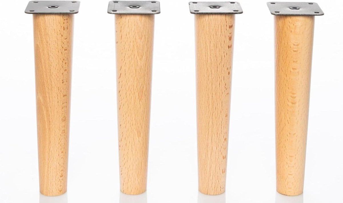 Set van 4 onbewerkte houten meubelpoten met montageplaat, Hoogte: 20 cm