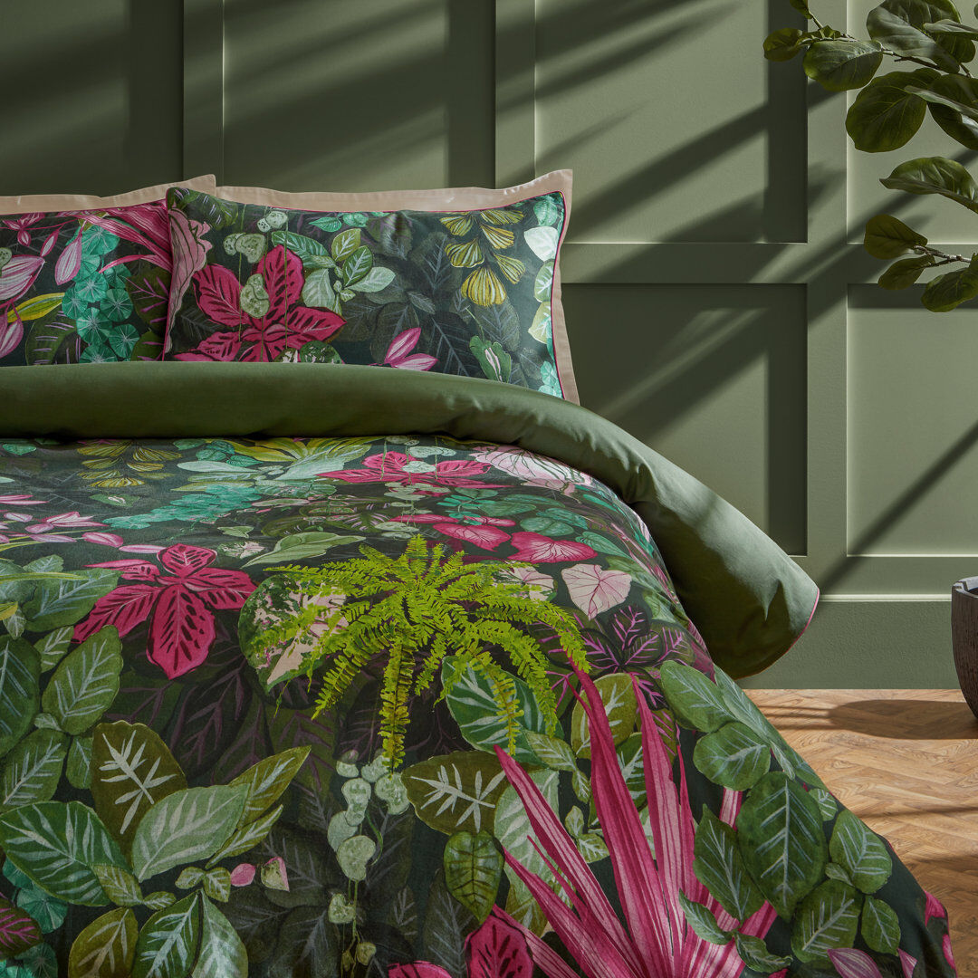 Paoletti Veadeiros Cotton Floral Duvet Cover Set Green;Pink Super King Duvet Cover + 2 Standard Pillowcases