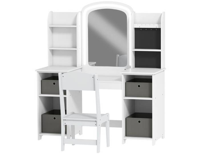 Coiffeuse - Enfant 3 à 8 ans miroir LED et tabouret - 104 x 40 x 112 cm - Blanc