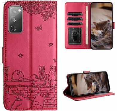 Inspired Deals Cute Cat Embossed Wallet Phone Case For Samsung Galaxy With Card Holder And Lanyard For Samsung Galaxy S20 FE red