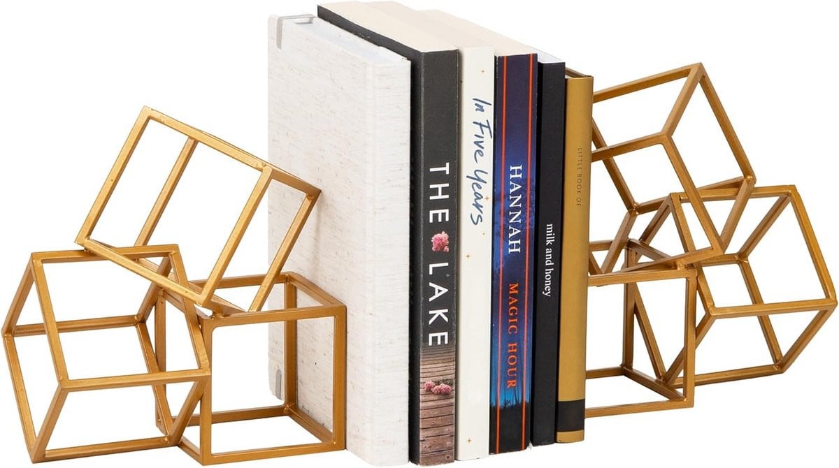 Decoratieve geometrische kubus boekensteunen voor boeken en kantoor, goudkleurig metaal