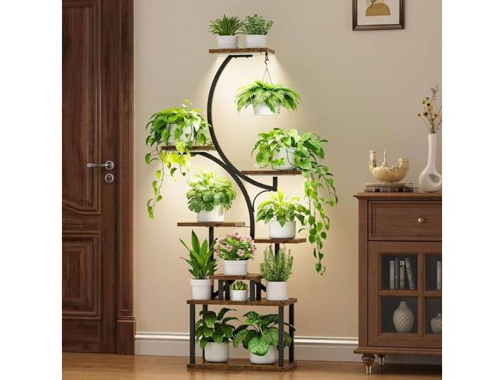 Support à fleurs d'intérieur avec pot de fleurs, éclairage pour plantes, étagère de sol à plafond, support à fleurs modulable, multi-niveaux en fer et bois