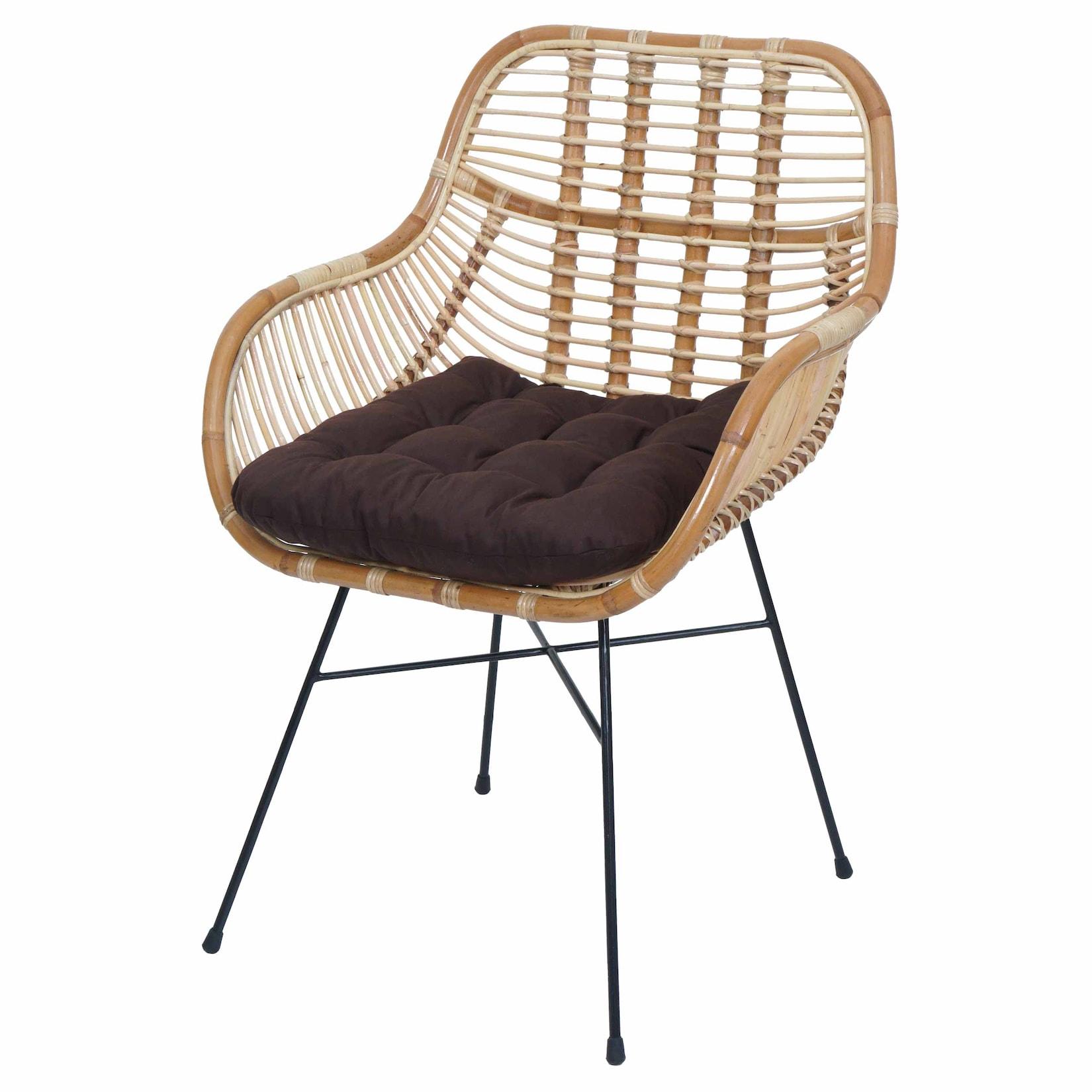 Esszimmerstuhl MCW-P17, Küchenstuhl Korbstuhl Rattansessel Rattanstuhl Stuhl, Kubu Rattan Metall ~ Polster braun
