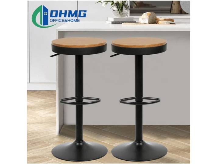 Tabourets de bar ronds en bois massif lisse - OHMG - Réglable en hauteur - Extérieur - Lot de 2